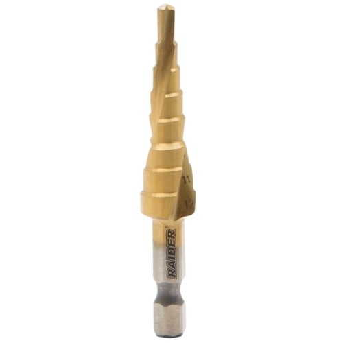 Стъпаловидно свредло за ламарина Raider HEX 1/4" HSS+TIN spiral flute ø4-12мм